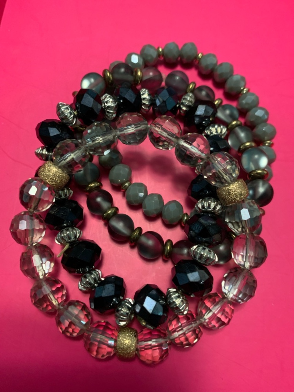 Gray, Black & Clear Beaded Stretch Bracelets - Unbranded